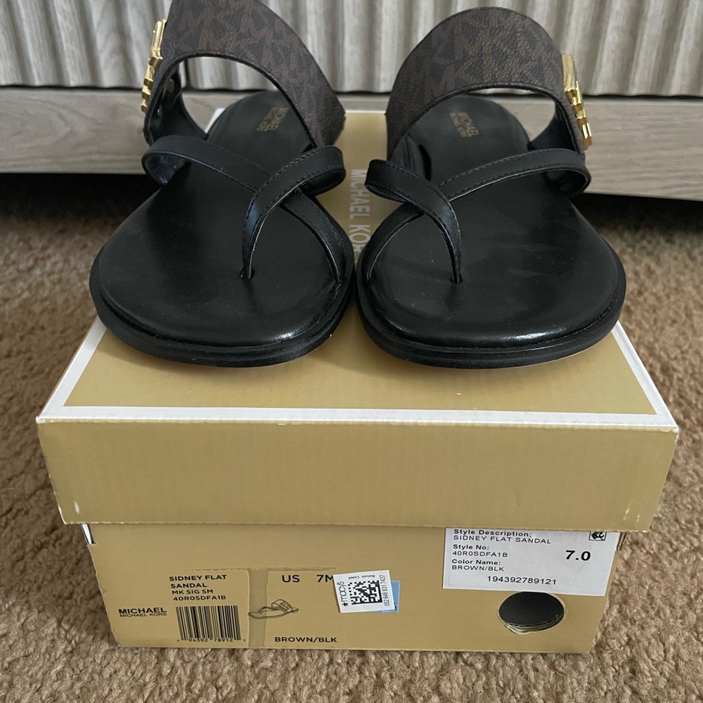 MICHAEL Michael Kors Black and Brown Logo Strap Toe-Post Sandals